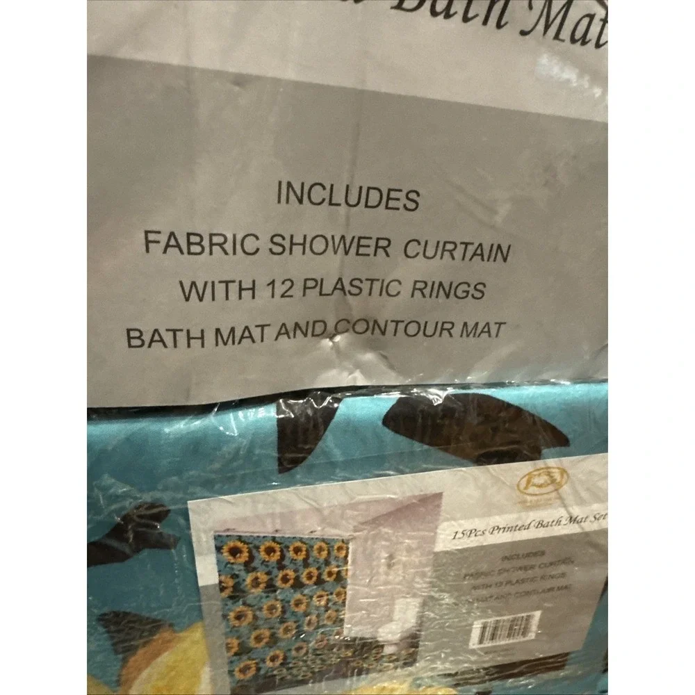 15pc Sunflowers Shower Curtain‎ Set Bath Mat, Toilet Mat, Rings, Curtain NEW